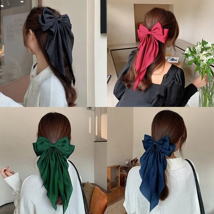 Korean Accessories Hair Clips for Women Girls Big Bowknot Solid Satin Long Ribbon Bows Spring Clamp Barette Cheveux Femme 2023 Beauty World Shop