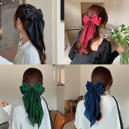 Korean Accessories Hair Clips for Women Girls Big Bowknot Solid Satin Long Ribbon Bows Spring Clamp Barette Cheveux Femme 2023 Beauty World Shop