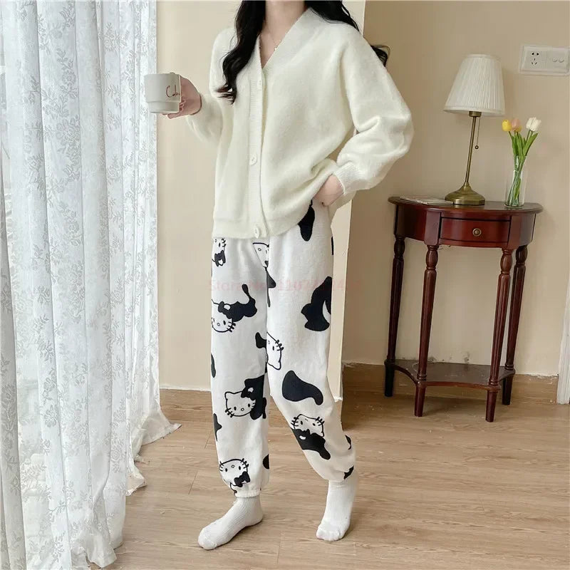 2024 Sanrio Hello Kitty Pajamas Halloween Flannel Fashion Trouserswomen Kawaii Woolen Anime Cartoon Casual Home Pants Autumn Beauty Fashion