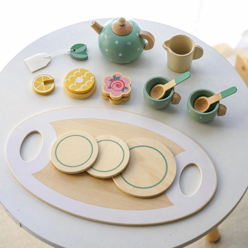 Kids Wooden Tea Set Play House Pretend Make Tea Play With Teapot Teacup Afternoon Snack Role Playing Toys Boys Girls Gift Beauty World Shop
