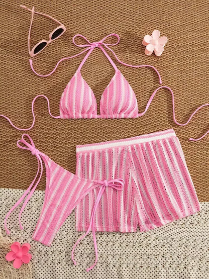2026 new style boxer shorts mesh three-piece women's swimsuit neck lace-up bikini set Beauty World Shop