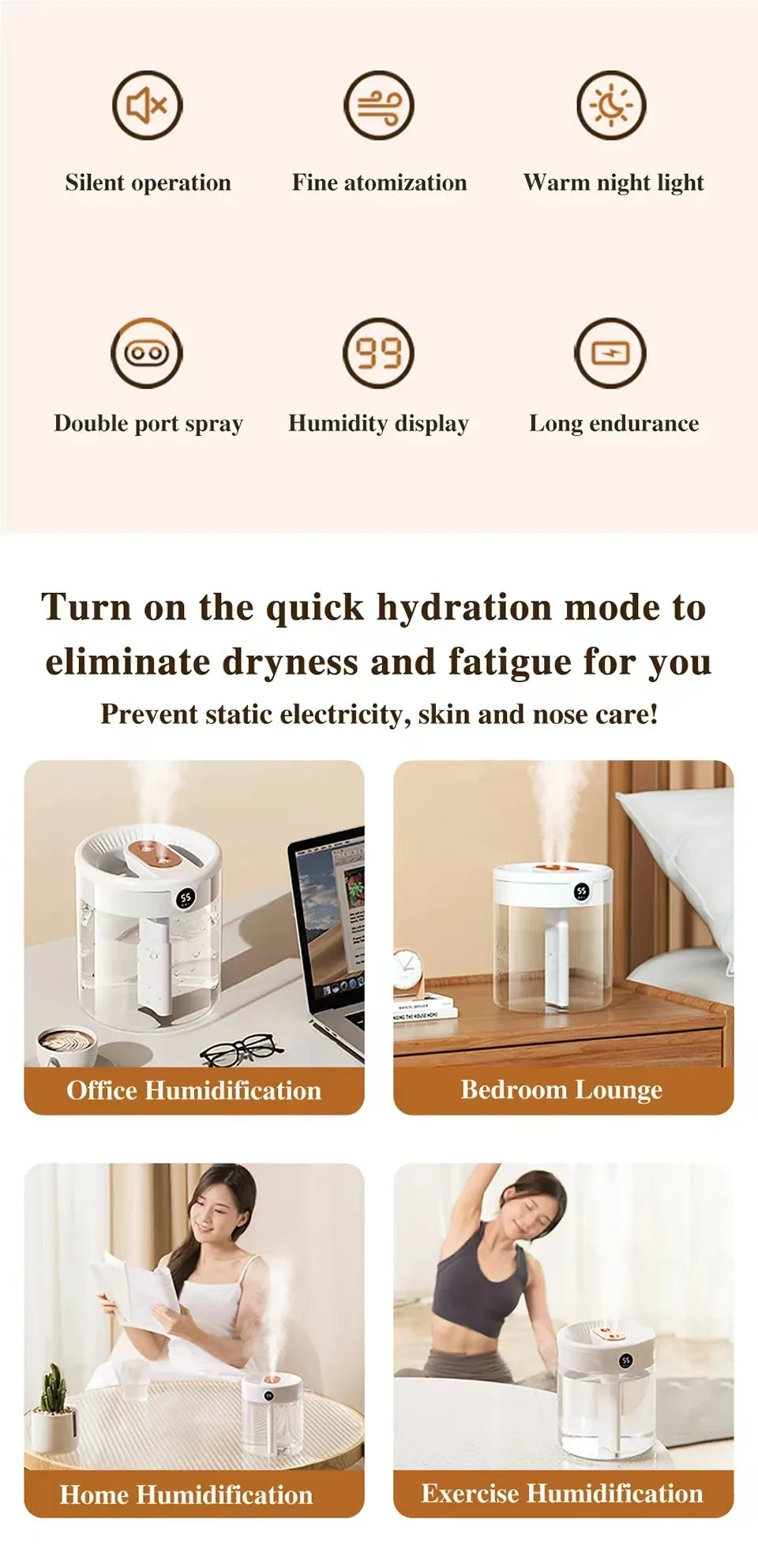 2L Humidifier Household Small Large Capacity Mute Bedroom Usb Office Desktop Portable Student Two Port Spray Water Supplement Beauty World Shop