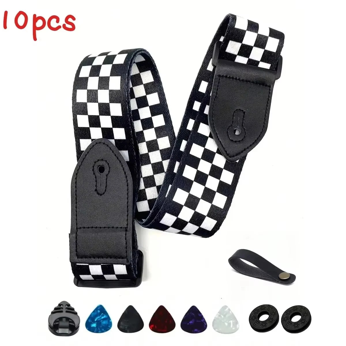 10pcs Guitar Shoulder Strap, Black and White Squares Pattern Adjustable Guitar Shoulder Strap Includes 5 Guitar Picks and 1 Hold Beauty World Shop