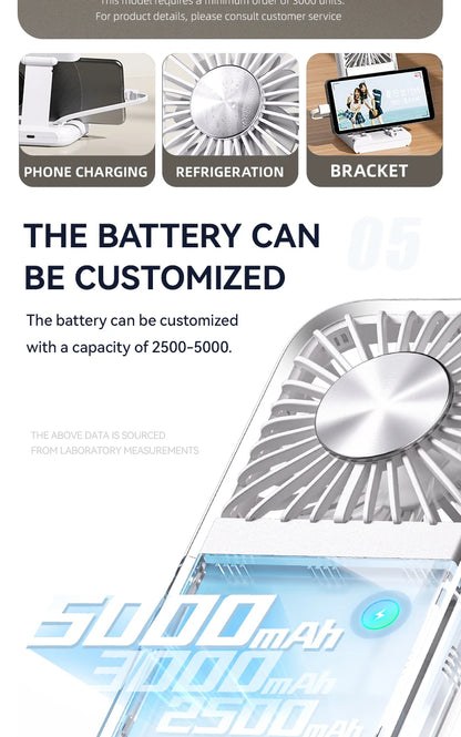 Folding Mini Cooling Air Fan Mobile Phone Holder Power Bank 3000mAh USB Rechargeable Cooling Handheld Desktop Fan with Lanyard
