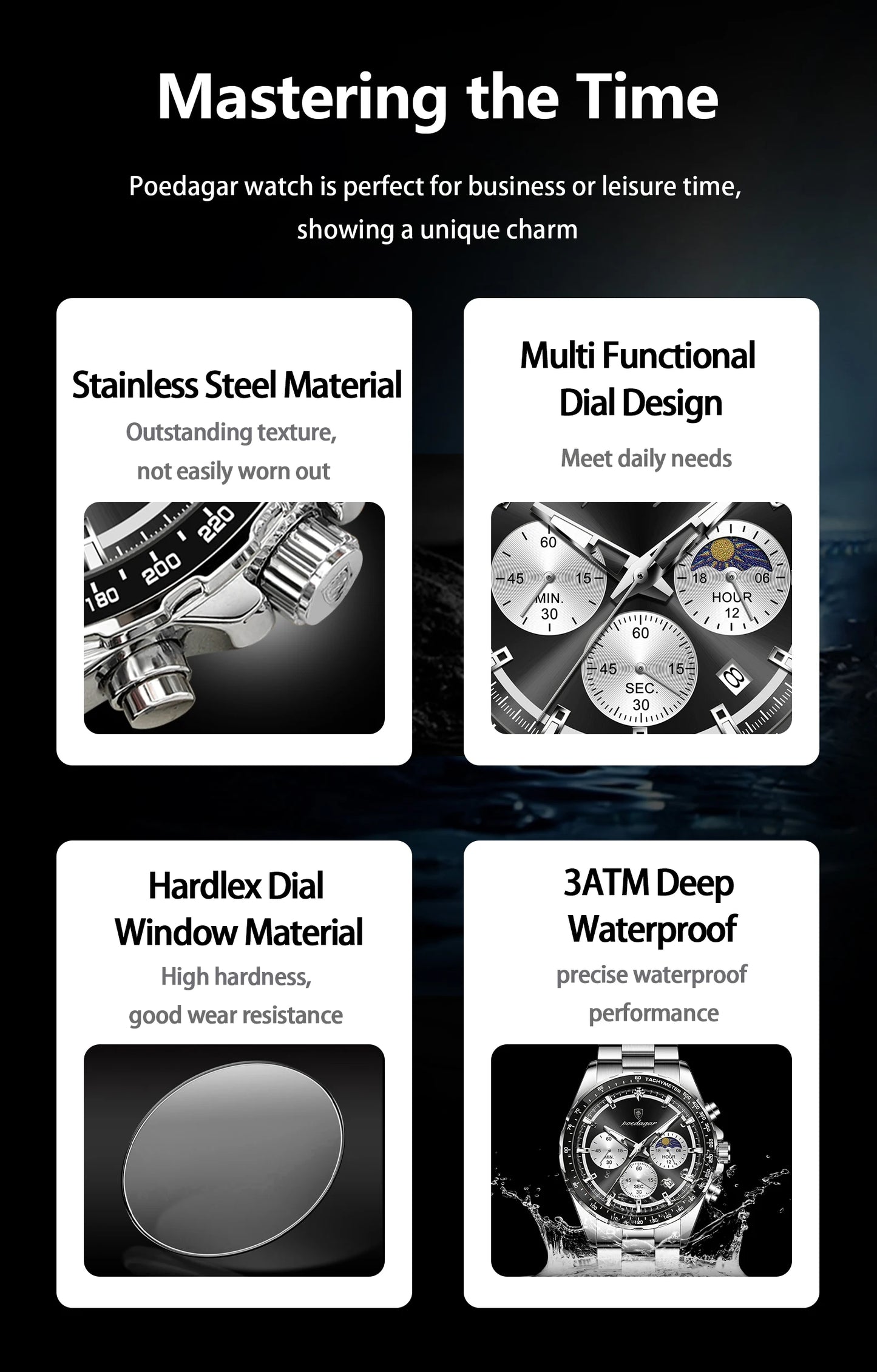 POEDAGAR Business Brand Man Wristwatch Waterproof Stainless Steel Luminous Men Watch Chronograph Date Men's Quartz Watches Reloj Beauty World Shop