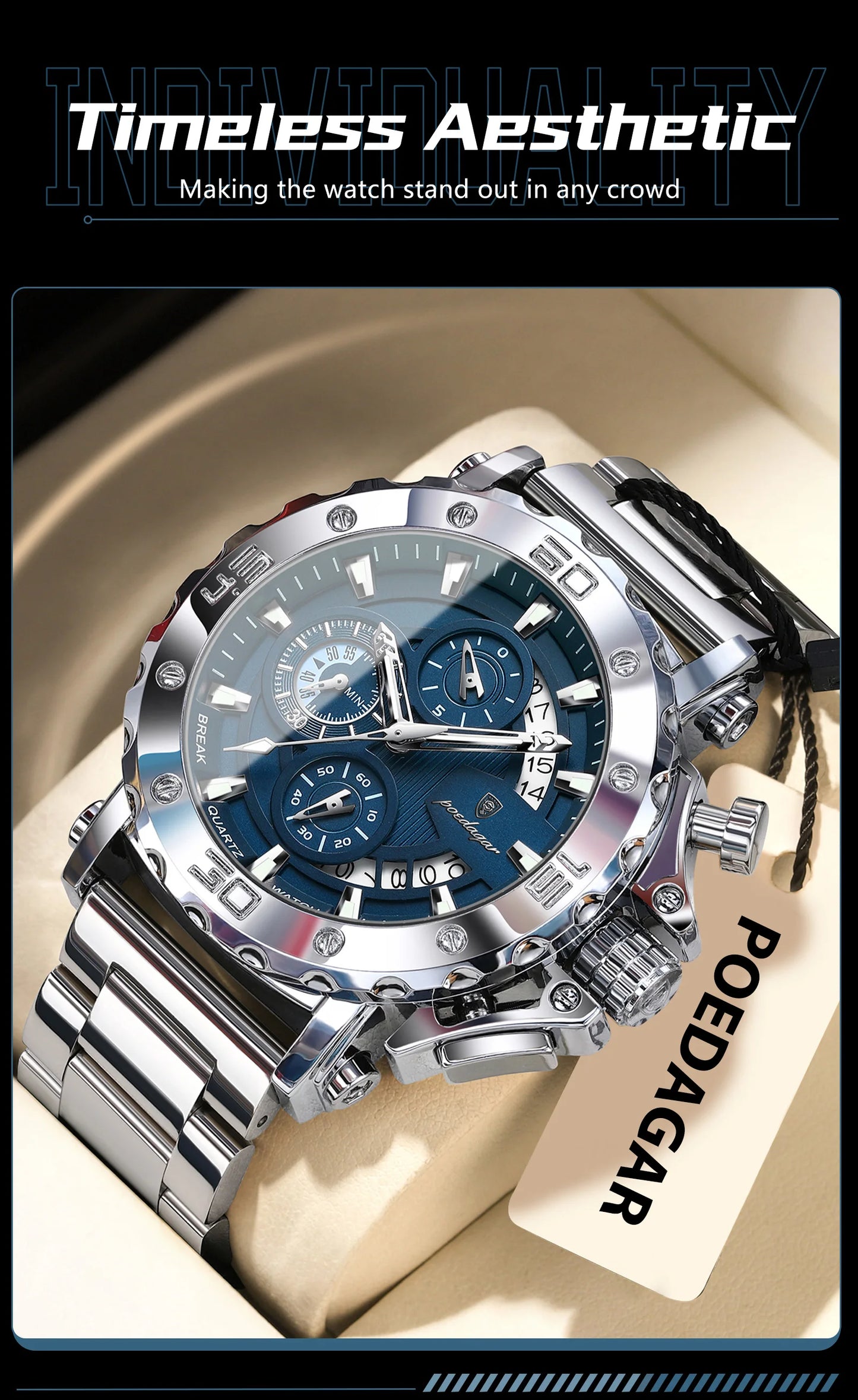 POEDAGAR Luxury Men's Watch Calendar Luminous Waterproof Man Clock Chronograph Stainless Steel Quartz Watches For Men Reloj Gift Beauty World Shop