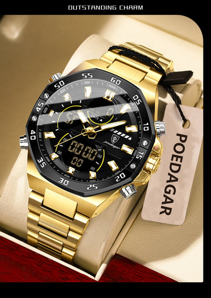 POEDAGAR Top Men Clock LED Luminous Waterproof Week Date Military Man Wristwatch Electronic Stainless Steel Quartz Men's Watches Beauty World Shop