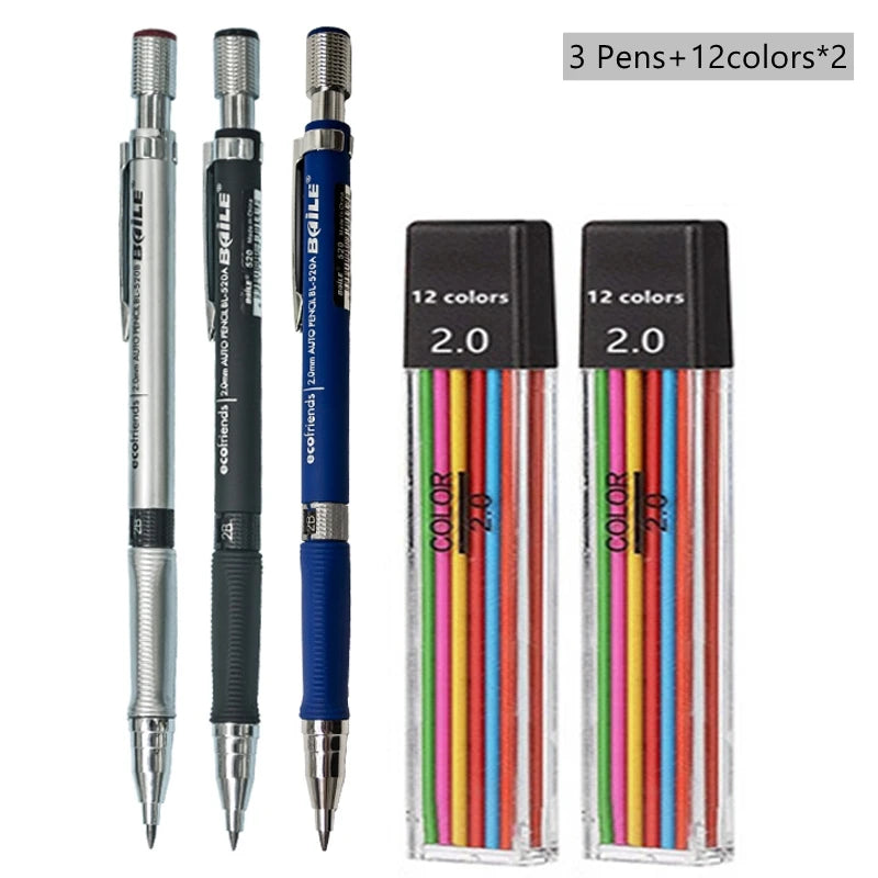 Mechanical Pencil Set 2.0 mm with 2B Black/Colors Lead Refill For Writing Sketching Art Drawing Painting School Automatic Pencil Beauty World Shop