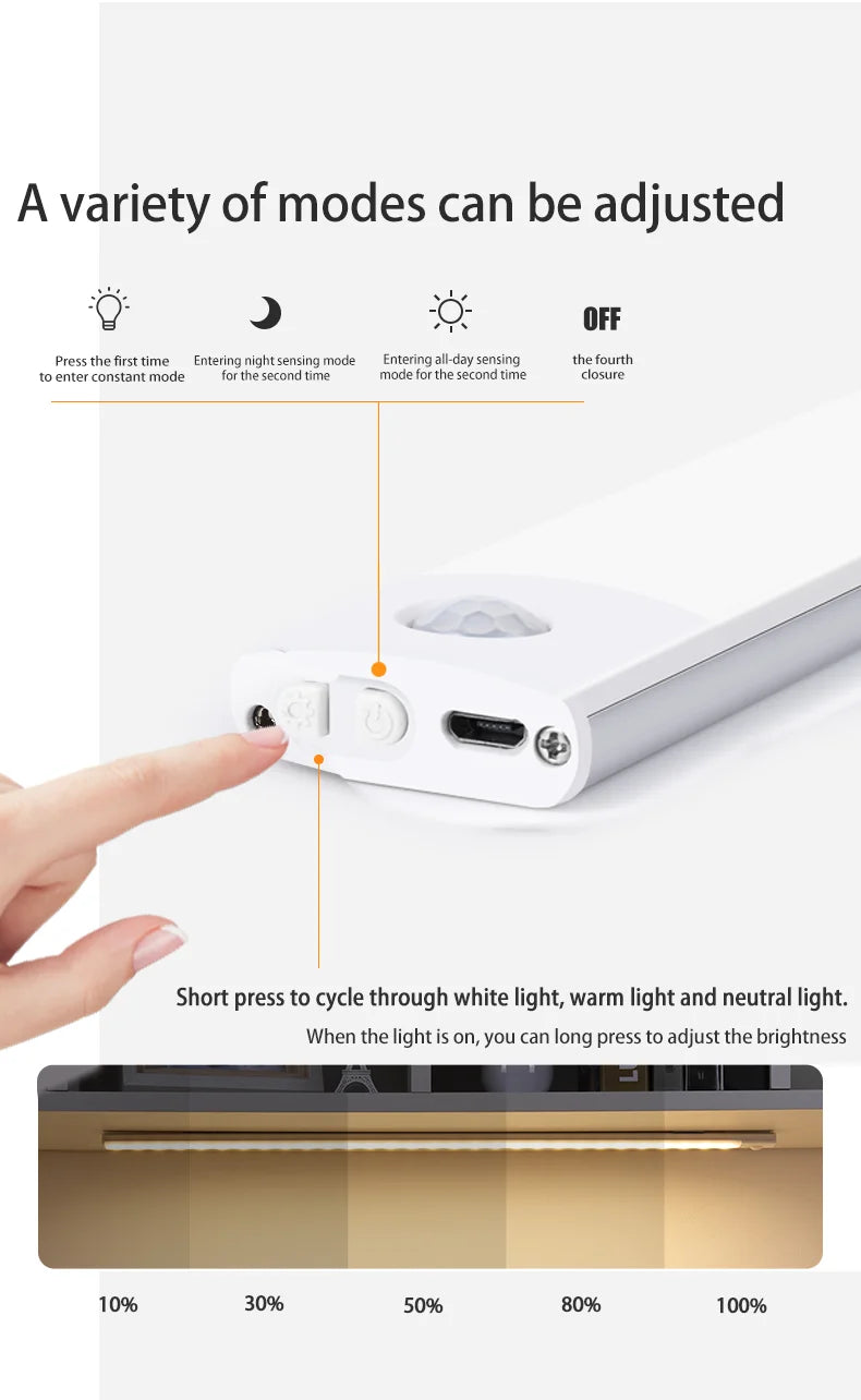 LED Cabinet Light USB Type-C Rechargeable Motion Sensor Led Lamp for Kitchen Wardrobe Cabinet Lighting 20cm/30cm/40cm/50cm/60cm Beauty World Shop