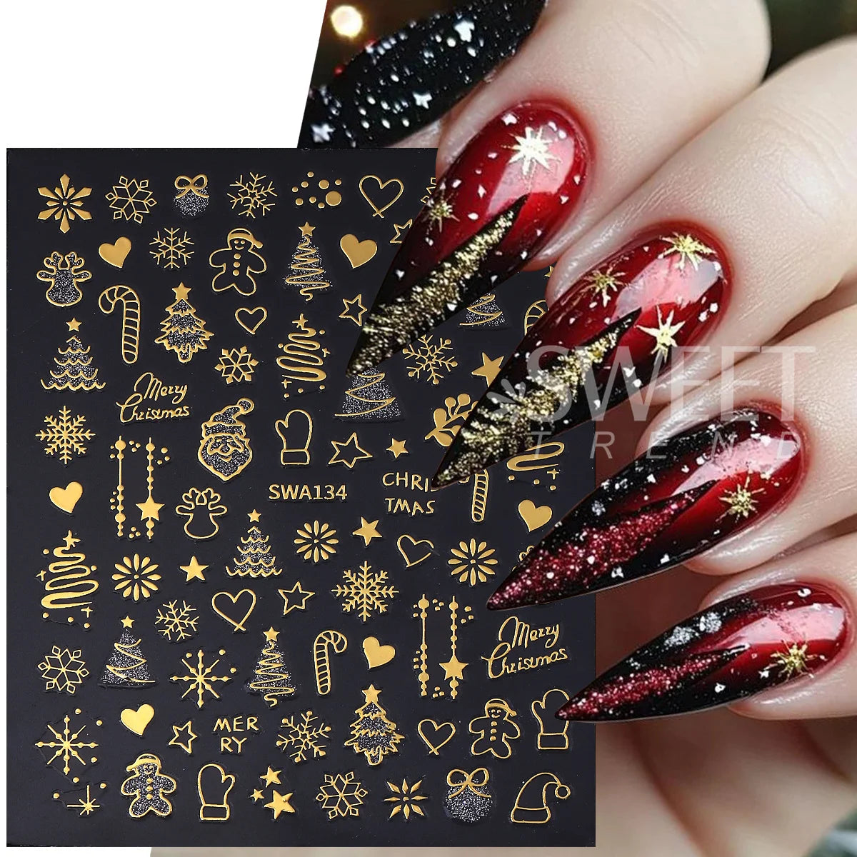 2pcs Gold Silver Christmas 3D Nail Stickers Reflective Glitter Xmas Tree Gingerbread Snowflakes Adhesive Decals Winter Manicure Beauty World Shop