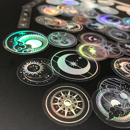 70 pcs PET Adhesive Stickers Waterproof Transparent Laser Silver Stickers Label: SUN MOON Stars Etc Beauty World Shop