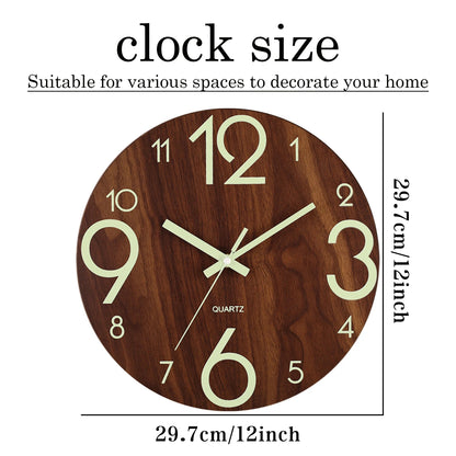 12 Inch Luminous Wall Clock Wood Silent light in dark night Nordic Fashion Wall Clock Non Ticking Clock With Night Light Beauty World Shop