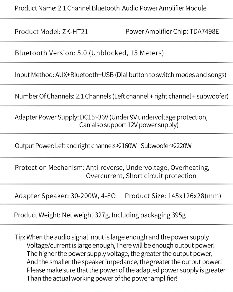 Bluetooth Digital Power Amplifier Board Module TDA7498E160W+160W+220W  High and Low Tone Subwoofer Amplifier AUX/USB ZK-HT21 Beauty World Shop