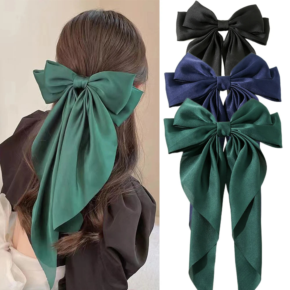Korean Accessories Hair Clips for Women Girls Big Bowknot Solid Satin Long Ribbon Bows Spring Clamp Barette Cheveux Femme 2023 Beauty World Shop