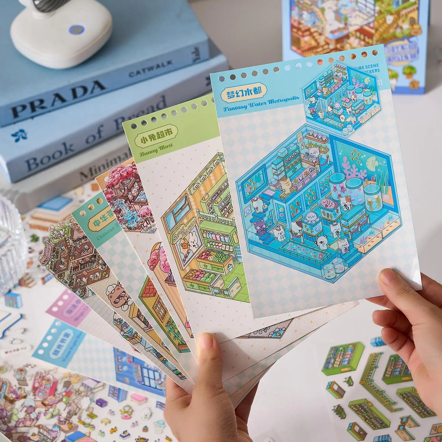 Mr Paper 49pcs/bag Business Town Series Mini 3D Miniature Scenography Sticker Book Visual Stacking Scene Stickers DIY Gift Decor Beauty World Shop