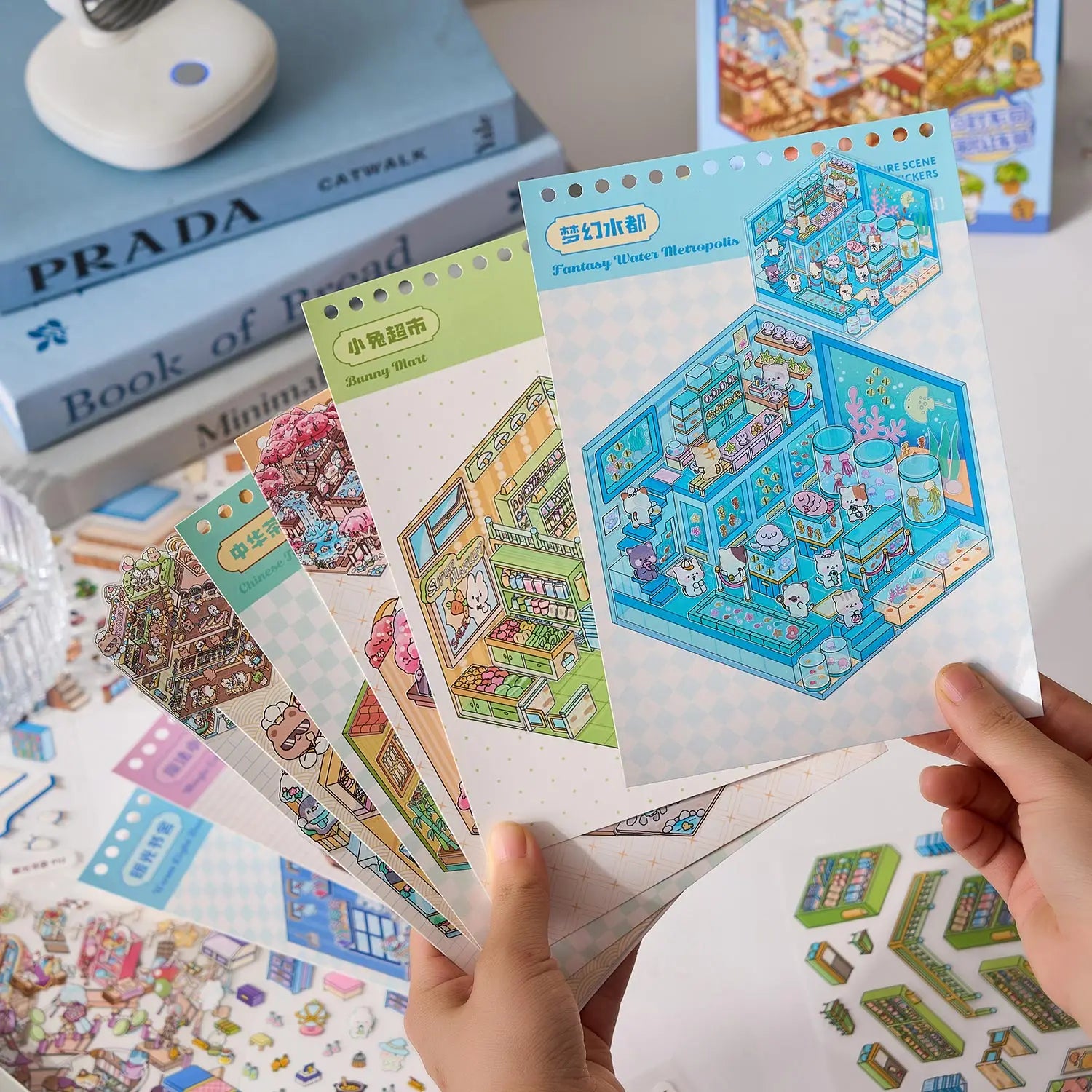Mr Paper 49pcs/bag Business Town Series Mini 3D Miniature Scenography Sticker Book Visual Stacking Scene Stickers DIY Gift Decor Beauty World Shop