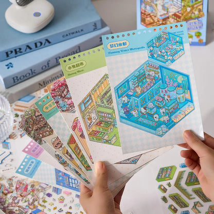 Mr Paper 49pcs/bag Business Town Series Mini 3D Miniature Scenography Sticker Book Visual Stacking Scene Stickers DIY Gift Decor Beauty World Shop
