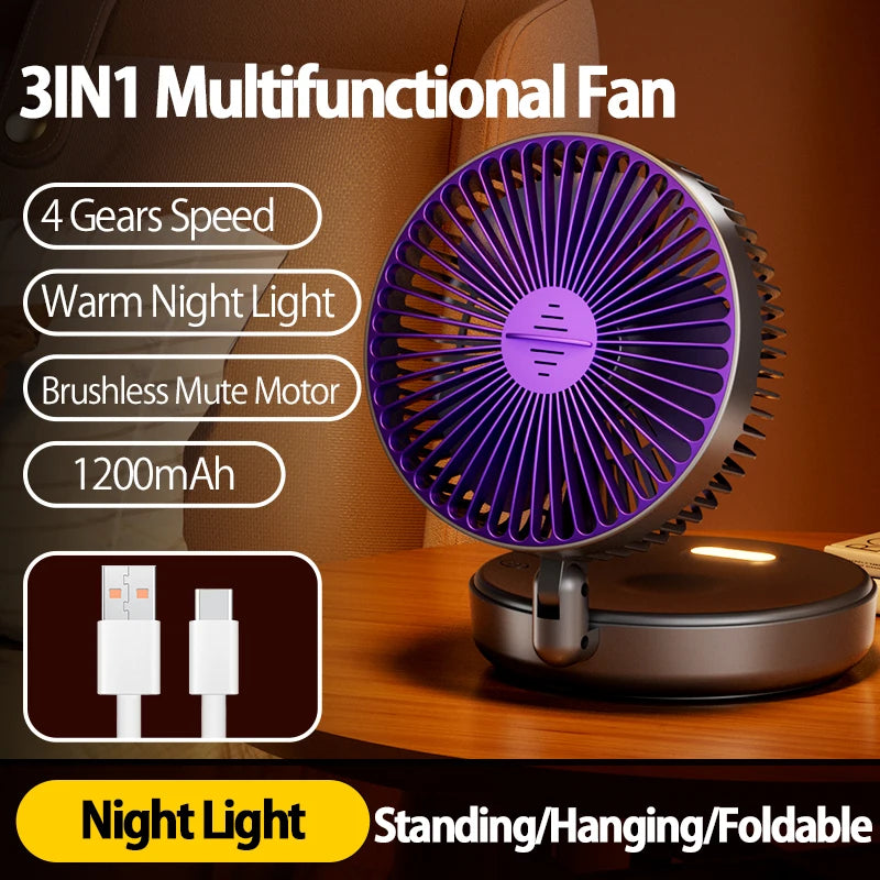 2024 New Rechargeable 3IN1 Multifunctional Portable Fan Wall Mounted Fan 90° Folding Fan 4 Gears With Warm Night Light Beauty World Shop