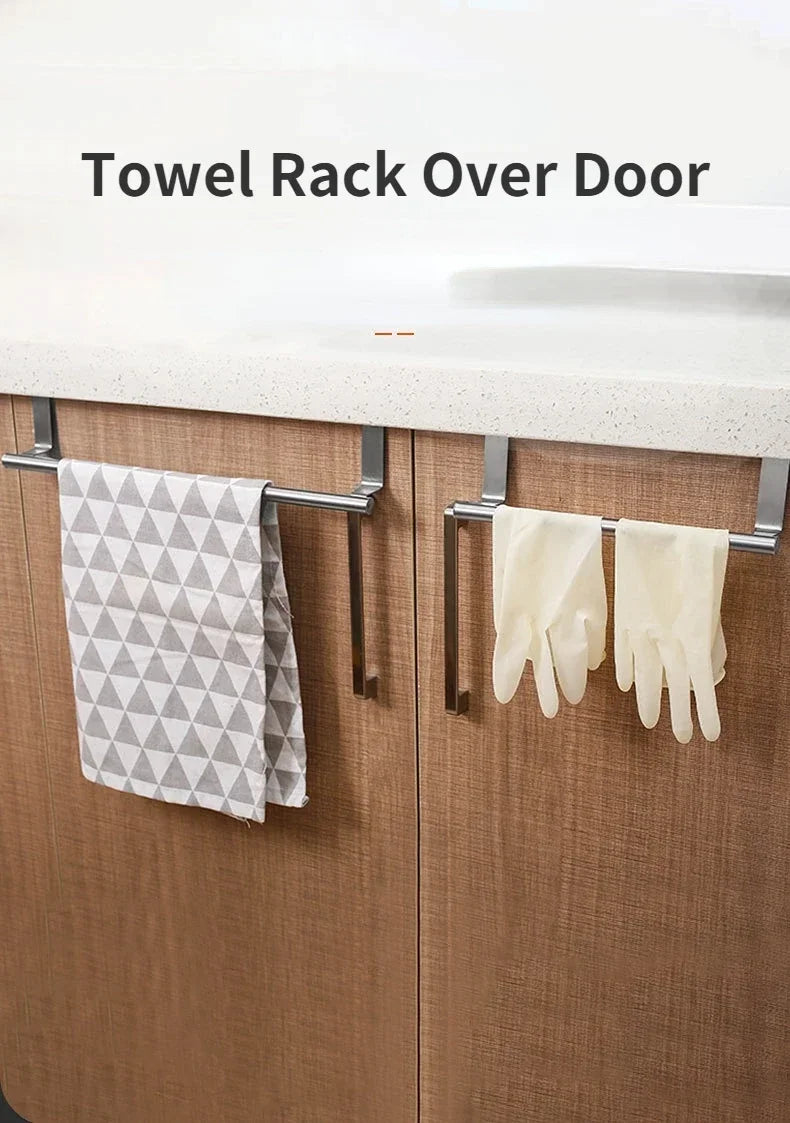 1Pcs Towel Rack Over Door Towel Bar Hanging Holder Stainless Steel Bathroom Kitchen Cabinet White Black Towel Rag Shelf Hanger Beauty World Shop