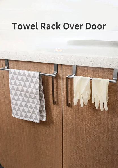1Pcs Towel Rack Over Door Towel Bar Hanging Holder Stainless Steel Bathroom Kitchen Cabinet White Black Towel Rag Shelf Hanger Beauty World Shop