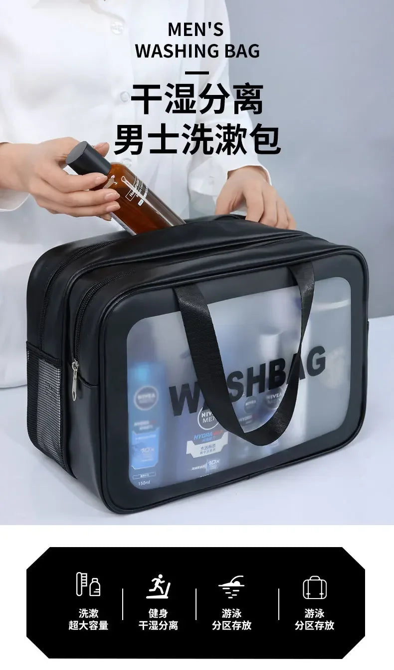 Dry-wet separation double transparent PU makeup bag portable washing bag cosmetic storage bag travel fitness swimming essentials Beauty World Shop
