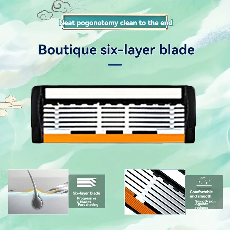 6-Layers Safety Razor Set High Quality Men Razor Sharp Stainless Steel Shaving Changeable Shaver Head Blade ﻿ Beauty World Shop