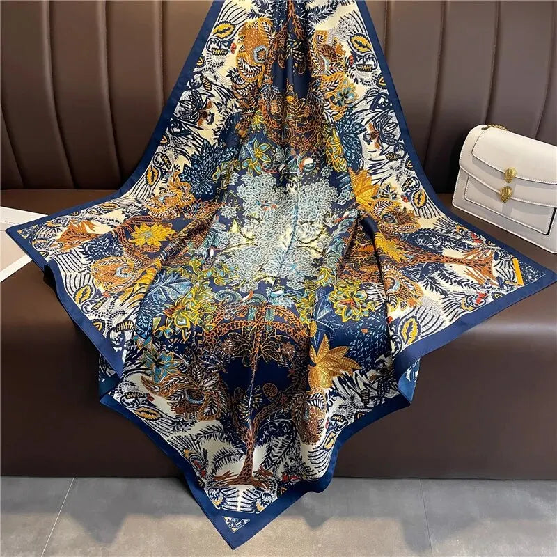 90cm Silk Twill Square Scarf For Women Spring Print Hair Band Hijab Foulard Sunsceen Neckerchief Shawl Wraps Echarpe New Beauty World Shop