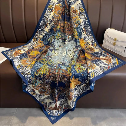 90cm Silk Twill Square Scarf For Women Spring Print Hair Band Hijab Foulard Sunsceen Neckerchief Shawl Wraps Echarpe New Beauty World Shop
