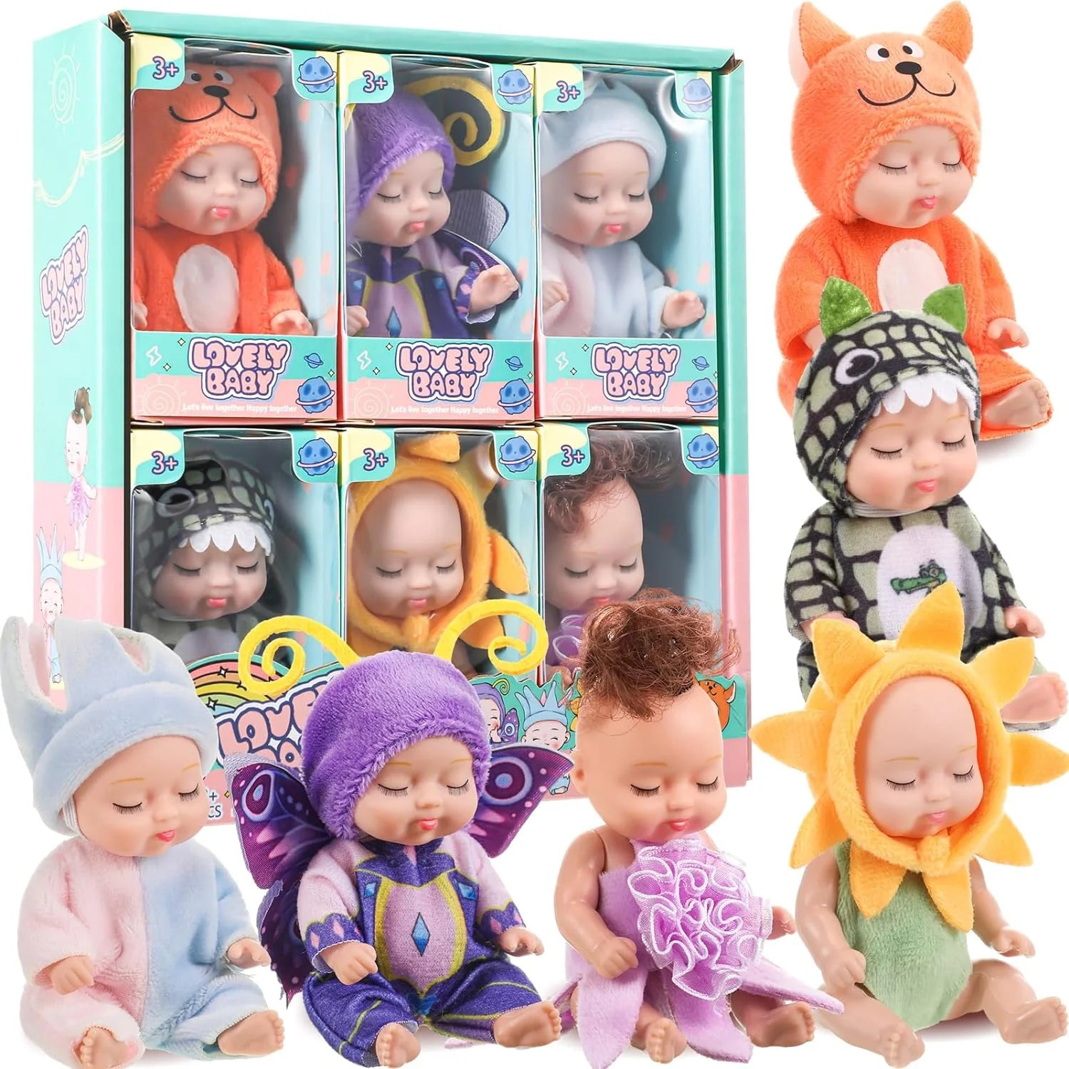 6/8Pcs Set Sleeping Mini Baby Dolls Reborn Lifelike Toys Cute Adorable Dolls With Butterfly Crocodile Sunflower Comfort Toy Gift Beauty World Shop