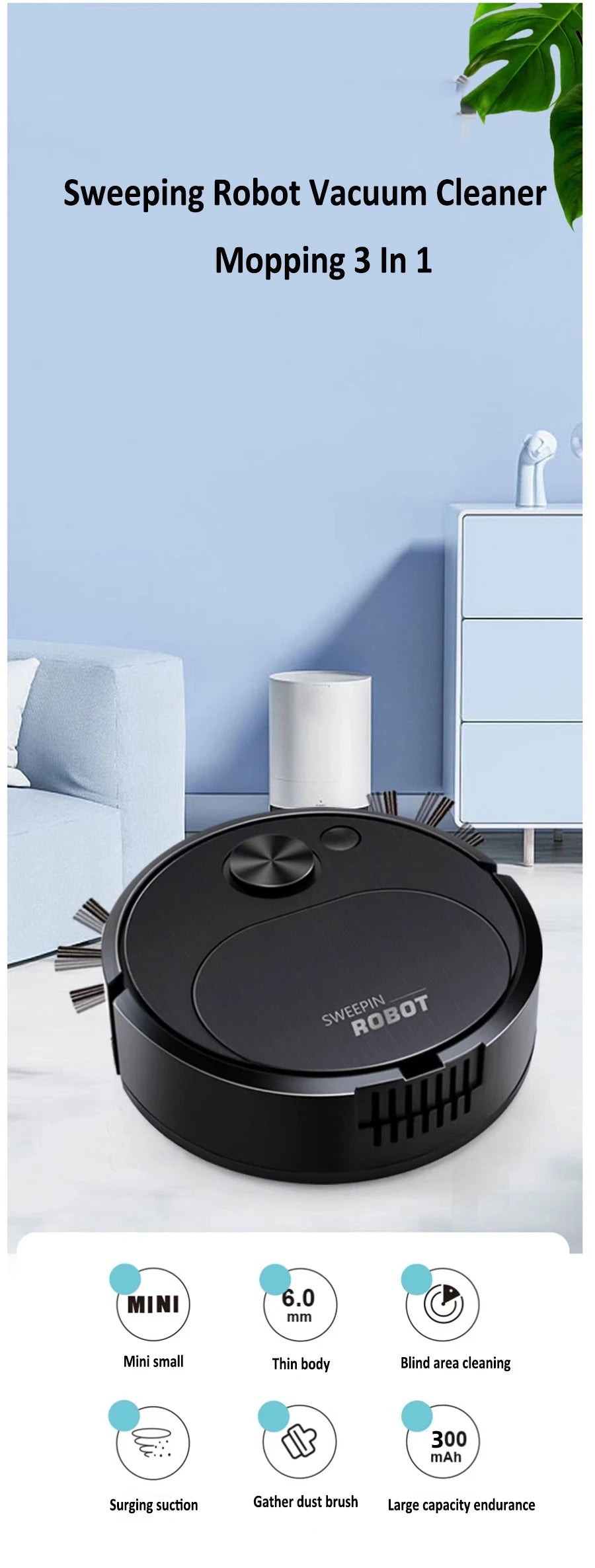NEW USB Sweeping Robot Vacuum Cleaner Mopping 3 In 1 Smart Wireless 1500Pa Dragging Cleaning Sweep Floor for Home Office Beauty World Shop