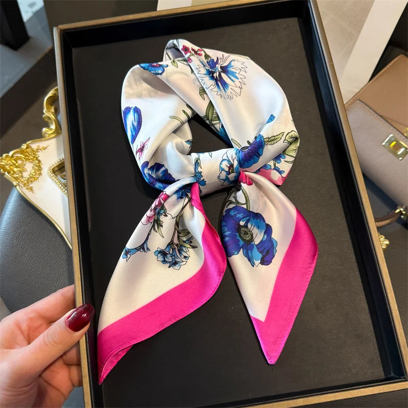 Luxury 2024 Silk Print Hair Scarf Women Floral Kerchief Neck Tie Hand Wrist Foulard Shawl Wraps Head Hijab Bandana Echarpe Beauty World Shop