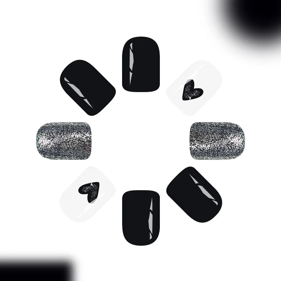Short Square Glossy Press On Nails 24Pcs Sweet Black Heart Glitter Ins Style For Women Beauty World Shop