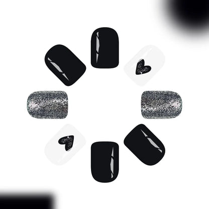 Short Square Glossy Press On Nails 24Pcs Sweet Black Heart Glitter Ins Style For Women Beauty World Shop
