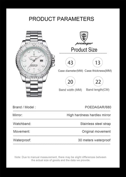POEDAGAR Casual Fashion Man Wristwatch Waterproof Luminous Date Exquisite Men Watch Stainless Steel Classic Men's Quartz Watches Beauty World Shop