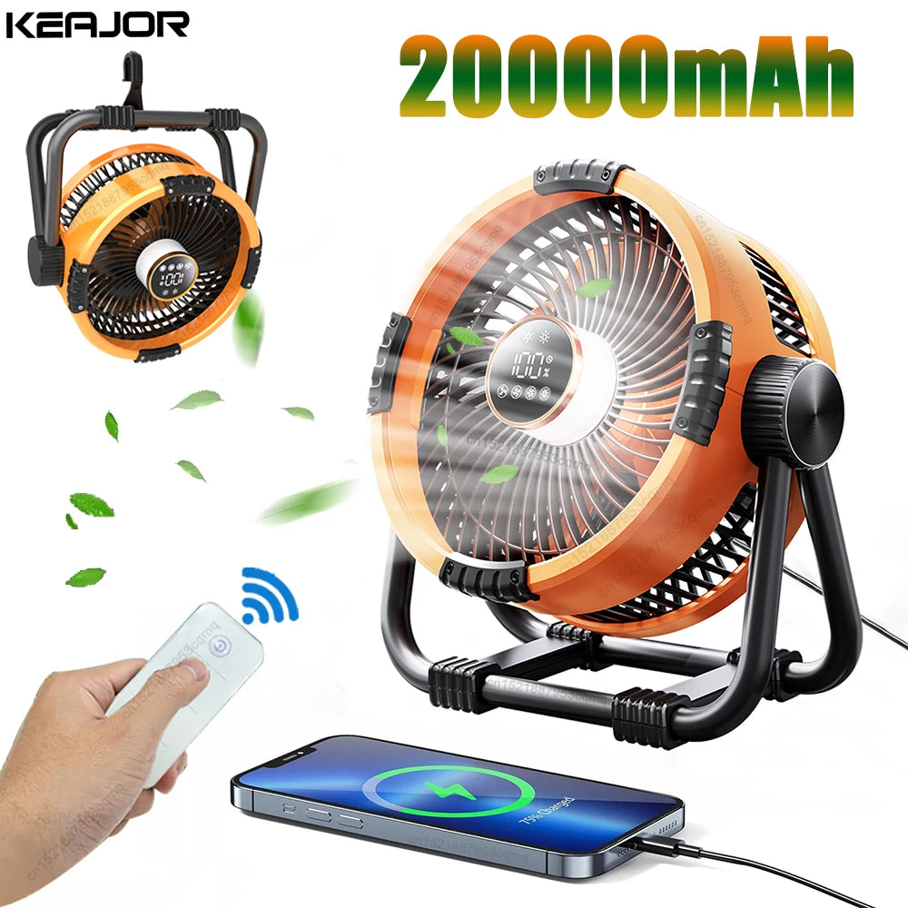 Camping Fan 20000mAh Rechargeable Portable Outdoor Camping Fan Air Circulators Wireless Tent Ceiling Fans with Hook and Light Beauty World Shop
