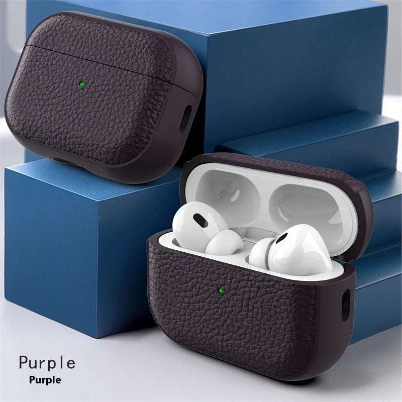 For Airpods Pro3 Case Luxury Lychee Leather Business Earphone Case with Hook Strap Headphone Cover For Apple AirPods 4 3 2 1 Pro
