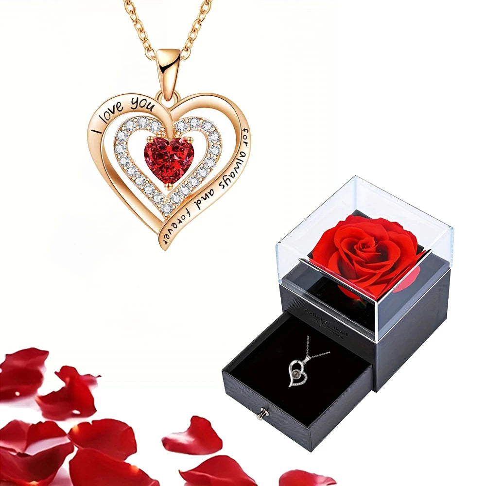 Luxury Red Zircon Pendant Necklaces With Rose Flower Gift Box For Girlfriend Women I Love You Gifts 2024 Trendy Wedding Jewelry Beauty World Shop