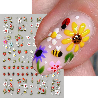 5D Embossed Kawaii Ladybug Sliders Spring White Daisy Flowers Nail Stickers DIY Simple Petals Wedding Nails Decals Accesories Beauty World Shop