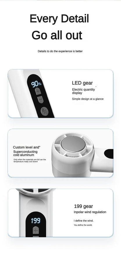 Handheld Portable Fan 199-Speed Desktop Fan USB Rechargeable Cooling Refrigeration Fan LED Display For Home Office Travel ﻿ Beauty World Shop