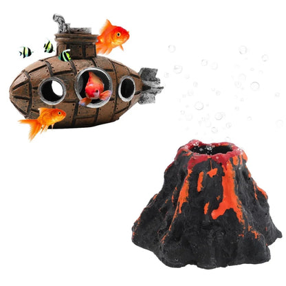 Aquarium Decoration Set Resin Submarine & Volcano Air Bubbler Fish Tank Ornaments Landscape Accessories for Betta Shrimp Decor Beauty World Shop