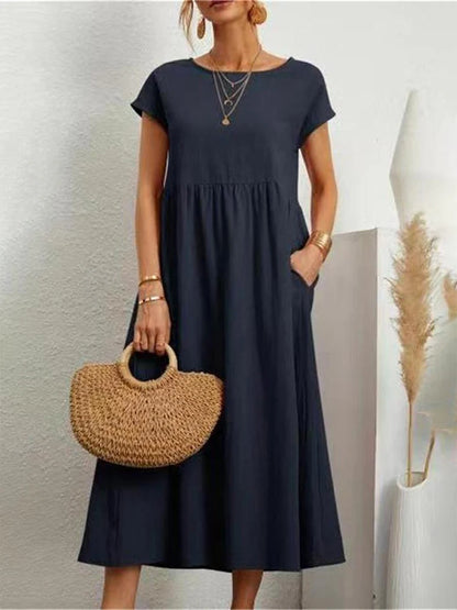 Women Elegant Solid Maxi Dress Summer Short Sleeve O Neck Vintage Harajuku Cotton Linen Loose Sundress Y2K Pockets Long Dress Beauty World Shop