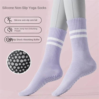 1 pair of women's yoga socks, skipping rope sports socks, Pilates indoor anti slip floor socks, double bar mid leg socks Beauty World Shop
