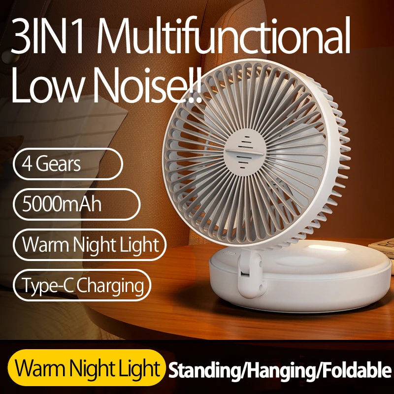 2024 New Rechargeable 3IN1 Multifunctional Portable Fan Wall Mounted Fan 90° Folding Fan 4 Gears With Warm Night Light Beauty World Shop