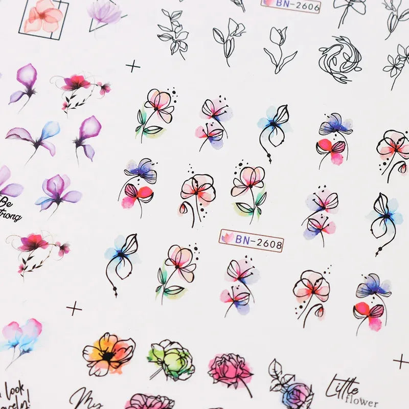 12 Pcs Summer Ink Blooming Flowers Nail Art Stickers, Water Decal Leaves Graffiti Slider Nail Decoration Beauty World Shop