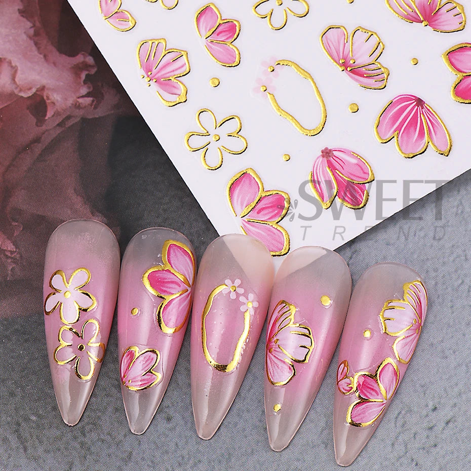 2/3pcs Golden Pink Hibiscus Flower Nail Stickers 3D Bronzing Border Petals Sakura Line Sliders Nail Decals DIY Manicure Decor Beauty World Shop
