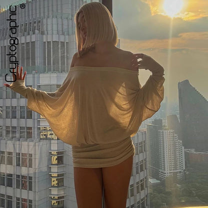 Cryptographic Fashion Off Shoulder Sheer Mini Dress Outfits for Women Hot Sexy Long Sleeve Ruched Party Dresses Bodycon Solid Beauty World Shop