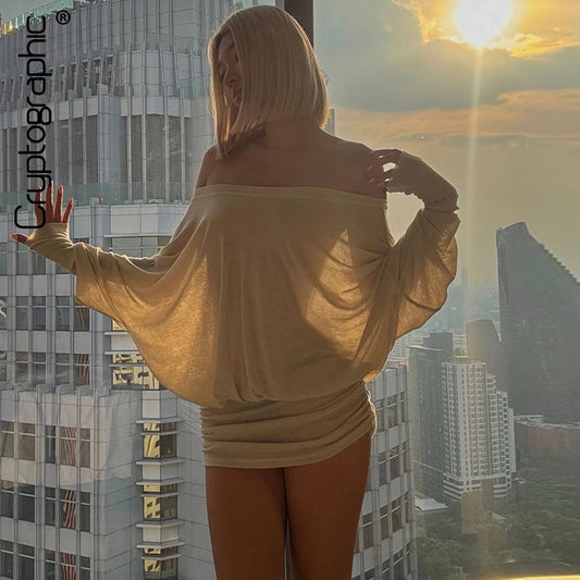 Cryptographic Fashion Off Shoulder Sheer Mini Dress Outfits for Women Hot Sexy Long Sleeve Ruched Party Dresses Bodycon Solid Beauty World Shop