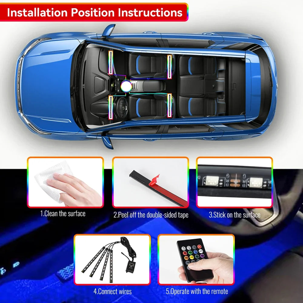 Neon 36 48 72 LED Car Interior Ambient Foot Light Wireless Remote Music APP Control Auto RGB Atmosphere Decorative Lamp Beauty World Shop