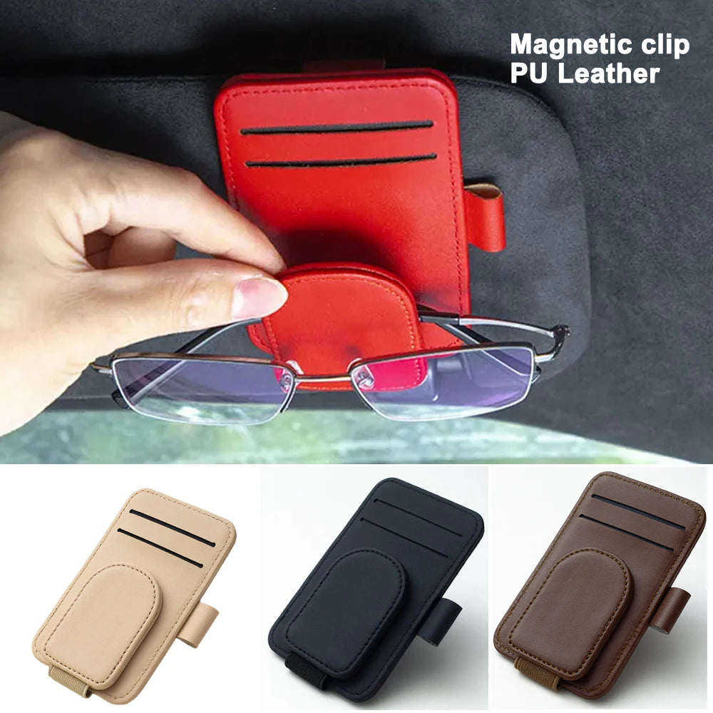Multifunctional Pu Leather Car Sun Visor Glasses Holder Creative Sunshade Sunglasses Storage Case Magnetic Clip Pen Card Holder Beauty World Shop