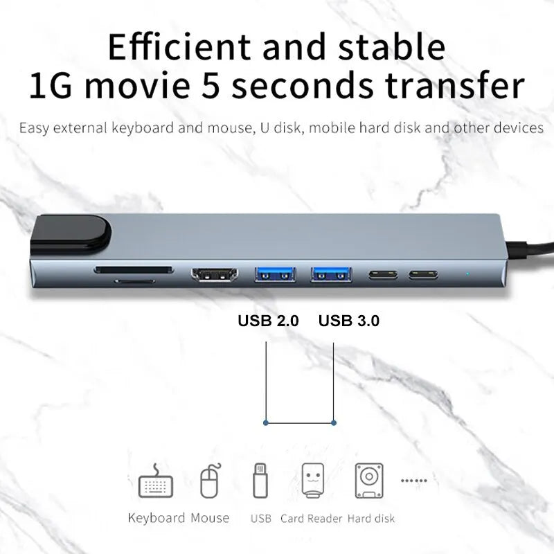Usb 8 In 1 Type C 3 1 To 4k HdTV Hub Adapter With Sd Tf Rj45 Card Reader Pd Fast Charge For Macbook Notebook Computer Beauty World Shop